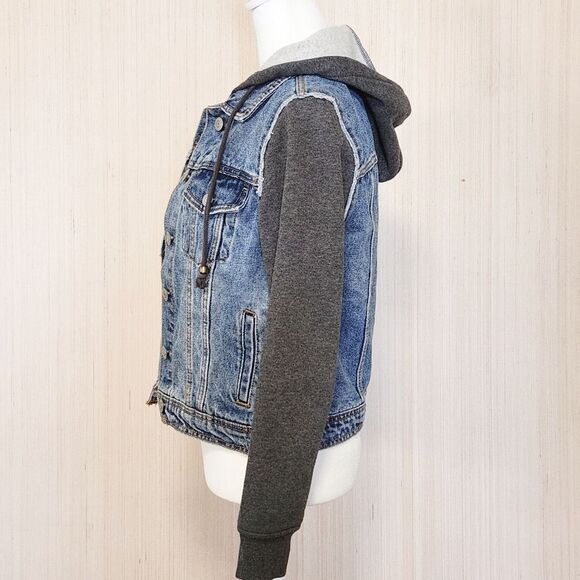 Aeropostale Fleece Hooded Jean Jacket Women's XS Denim Blue/Gray Button Front - Picture 4 of 12